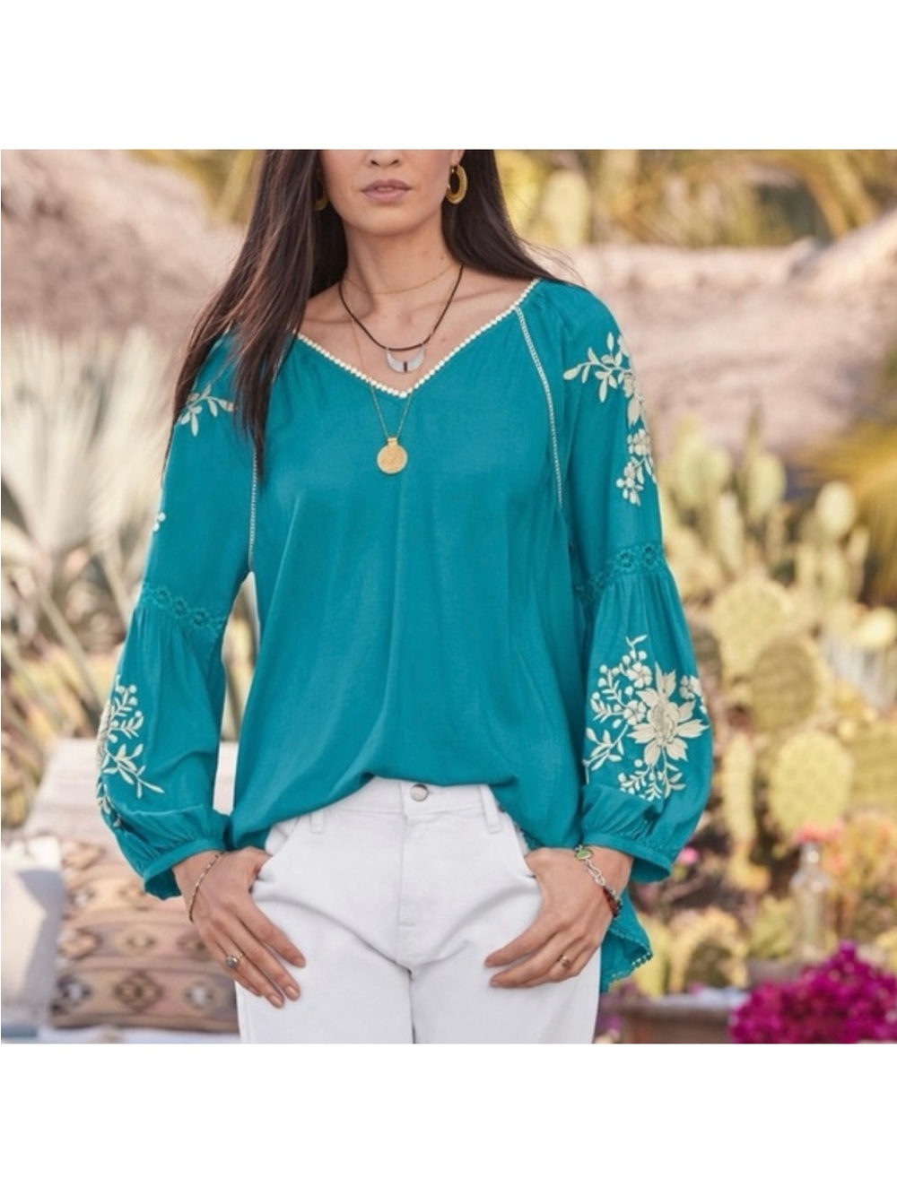 Sundance Naomi Isles Embroidered Teal V-Neck Peasant Blouse